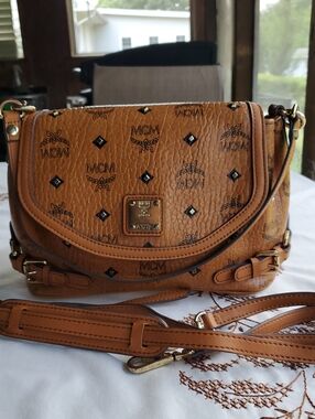 MCM Cognac Visetos Logo Crossbody with Gold Hardware